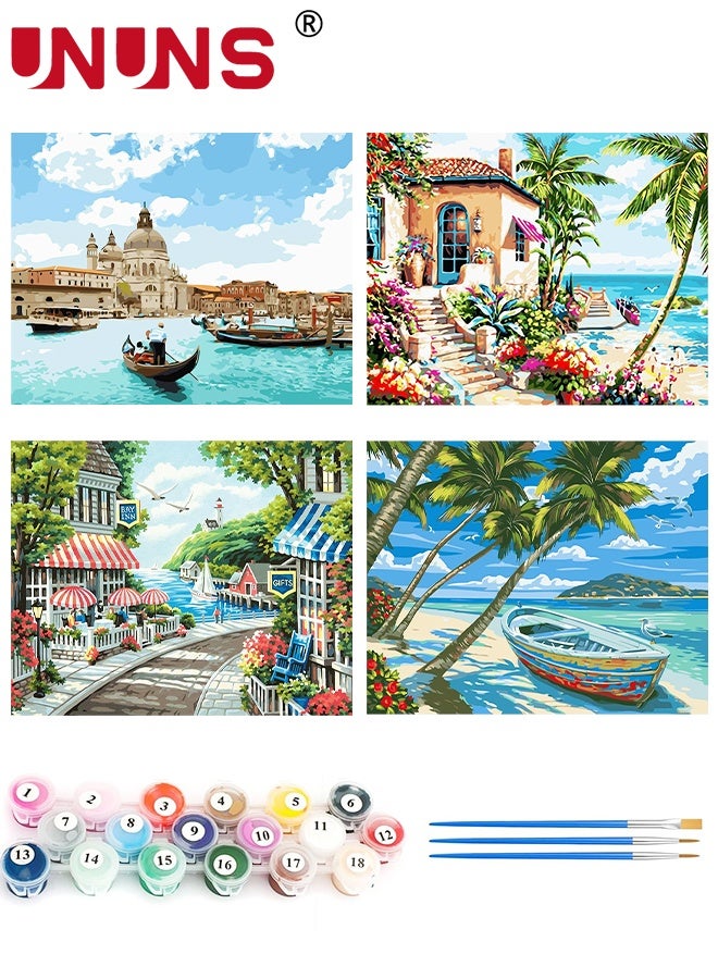 UNUNS 4 Pack DIY Paint by Number Kit,Paint by Numbers for Adults and Kids Beginner,Landscape Painting by Number Kits On Canvas, Number Artist Paint by Number Kit DIY Oil Painting Acrylic Paints Home Wall Decor(40*50cm) - Image 1